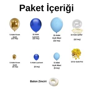 Balon Seti Krom Gold-Lacivert-Pastel Mavi-Şeffaf 60 Lı Balon Zinciri Seti + 10GrBalonPulu