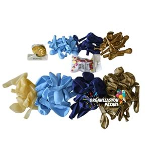 Balon Seti Krom Gold-Lacivert-Pastel Mavi-Şeffaf 60 Lı Balon Zinciri Seti + 10GrBalonPulu