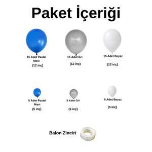 Balon Seti Pastel Mavi-Gri-Beyaz 60 Lı Balon Zinciri Seti