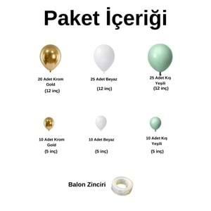 Balon Seti Kış Yeşili-Beyaz-Krom Gold 100 Lü Balon Zinciri Seti