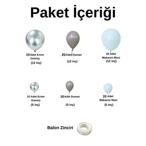 Balon Seti Krom Gümüş-Duman-Makaron Mavi 100 Lü Balon Zinciri Seti