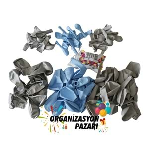 Balon Seti Krom Gümüş-Duman-Makaron Mavi 60 Lı Balon Zinciri Seti