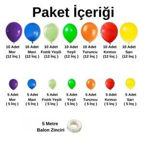 Balon Seti Mor-Mavi-Fıstık Yeşili-Yeşil-Turuncu-Kırmızı-Sarı 100 Lü Balon Zinciri Seti