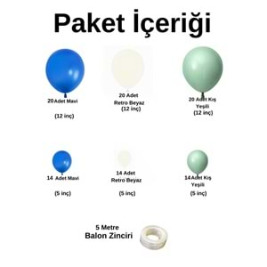 Balon Seti Mavi-Retro Beyaz-Kış Yeşili 100 Lü Balon Zinciri Seti