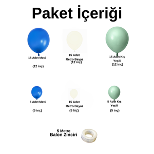 Balon Seti Mavi-Retro Beyaz-Kış Yeşili 60 Lı Balon Zinciri Seti