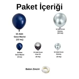 Balon Seti Gece Mavisi-Krom Gümüş-Krom Uzay Gri 60 Lı Balon Zinciri Seti