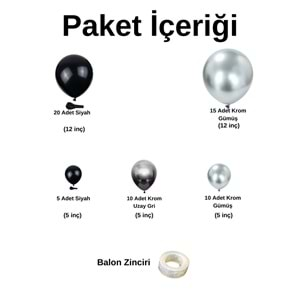 Balon Seti Gece Mavisi-Krom Gümüş-Krom Uzay Gri 60 Lı Balon Zinciri Seti