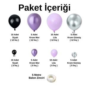 Balon Seti Siyah-Krom Mor-Lila-Krom Gümüş 60 Lı Balon Zinciri Seti