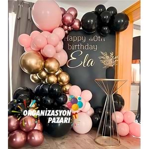 Balon Seti Siyah-Krom Gold-Makaron Pembe-Krom Rose Gold 60 Lı Balon Zinciri Seti