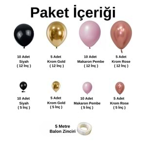 Balon Seti Siyah-Krom Gold-Makaron Pembe-Krom Rose Gold 60 Lı Balon Zinciri Seti