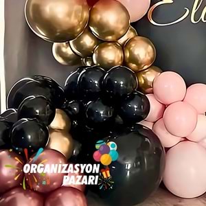 Balon Seti Siyah-Krom Gold-Makaron Pembe-Krom Rose Gold 60 Lı Balon Zinciri Seti