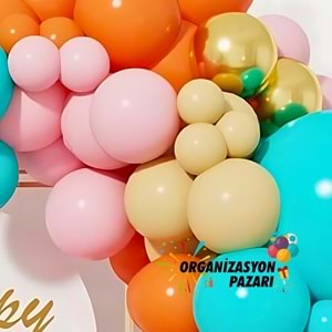 Balon Seti Turuncu-Pembe-Turkuaz-Retro Pembe-Makaron Sarı 60 Lı Balon Zinciri Seti