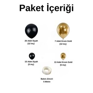 Balon Seti Pastel Siyah Krom Gold 60 Lı Balon Zinciri Seti