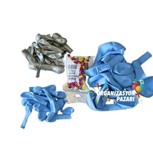 Balon Seti Makaron Mavi - Krom Gümüş 60 Lı Balon Zinciri Seti