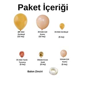 Balon Seti Krom Gold-Yanık Turuncu-Zerdeçal-Çöl Kumu 100 Lü Balon Zinciri Seti