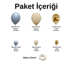Balon Seti Fırtına Mavisi-Deniz Kumu-Krom Gold 100 Lü Balon Zinciri Seti
