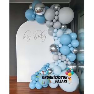 Balon Seti Fırtına Mavi-Pastel Gri-Makaron Mavi-Krom Gümüş 100 Lü Balon Zinciri Seti