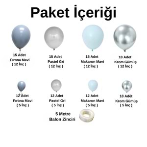 Balon Seti Fırtına Mavi-Pastel Gri-Makaron Mavi-Krom Gümüş 100 Lü Balon Zinciri Seti