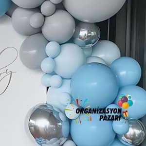 Balon Seti Fırtına Mavi-Pastel Gri-Makaron Mavi-Krom Gümüş 100 Lü Balon Zinciri Seti