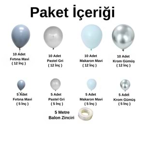 Balon Seti Fırtına Mavi-Pastel Gri-Makaron Mavi-Krom Gümüş 60 Lı Balon Zinciri Seti