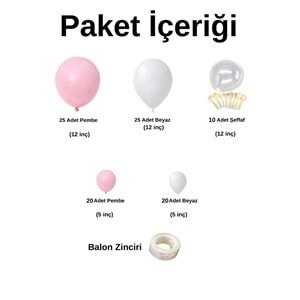 Balon Seti Beyaz-Pembe-Şeffaf 100 Lü Balon Zinciri Seti