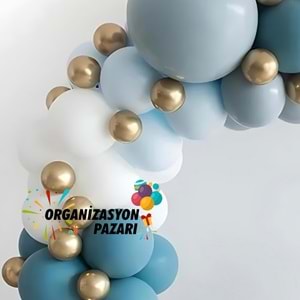 Balon Seti Beyaz-Fırtına Mavi-Krom Gold-Derin Okyanus 60 Lı Balon Zinciri Seti