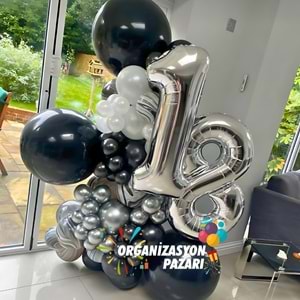 Balon Seti 18 Gümüş Folyo Balon-Siyah-Krom Gümüş-Metalik Beyaz 100 Lü Balon Zinciri Seti