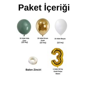 3 Yaş Doğum Günü Seti Ada Çayı-Beyaz-Krom Gold 30 lu (Gold)