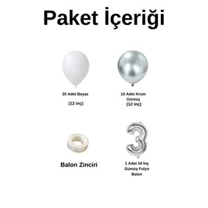 3 Yaş Doğum Günü Seti Beyaz-Krom Gümüş 30 lu (Gümüş)