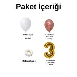 3 Yaş Doğum Günü Seti Beyaz-Krom Rose Gold 30 lu (Gold)
