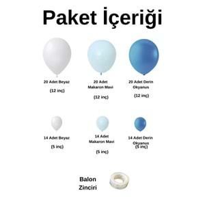 Balon Seti Beyaz-Makaron Mavi-Derin Okyanus 100 Lü Balon Zinciri Seti