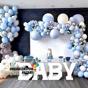 Balon Seti Makaron Mavi-Krom Gümüş-Beyaz 100 lü Balon Zinciri Seti