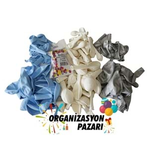 Balon Seti Makaron Mavi-Krom Gümüş-Beyaz 100 lü Balon Zinciri Seti