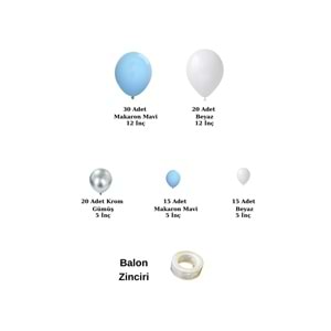 Balon Seti Makaron Mavi-Krom Gümüş-Beyaz 100 lü Balon Zinciri Seti