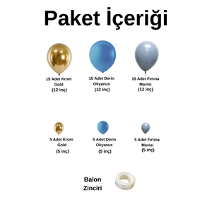 Balon Seti Krom Gold-Derin Okyanus-Fırtına Mavisi 60 Lı Balon Zinciri Seti