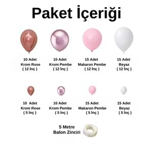Balon Seti Krom Rose Gold-Krom Pembe-Makaron Pembe-Beyaz 100 Lü Balon Zinciri Seti