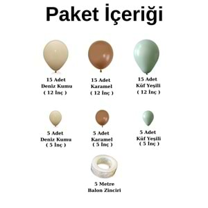 Balon Seti Deniz Kumu-Karamel-Küf Yeşili 60 Lı Balon Zinciri Seti