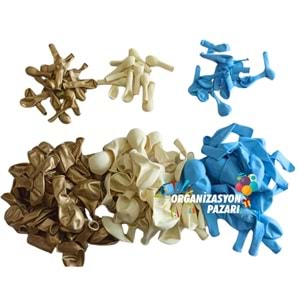 Balon Seti Krom Gold-Makaron Mavi-Beyaz 100 Lü Balon Zinciri Seti