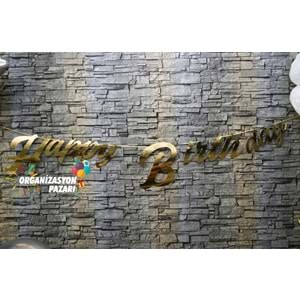 Gold Renkli Metalik Happy Birthday El Yazısı Banner