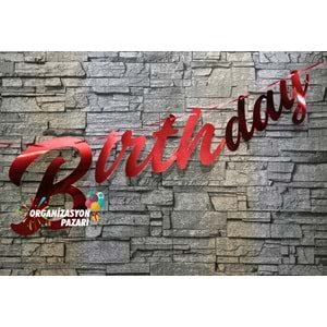 Kırmızı Renkli Metalik Happy Birthday El Yazısı Banner
