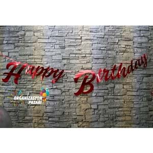 Kırmızı Renkli Metalik Happy Birthday El Yazısı Banner