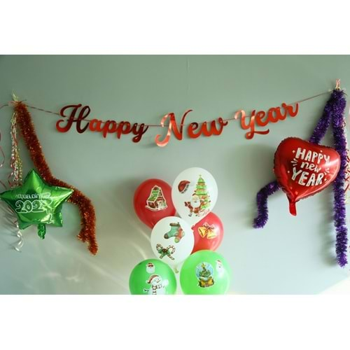 Yılbaşı Parti Süsü -Happy New Year- Yazılı Metalik Kırmızı Banner Duvar Süsü