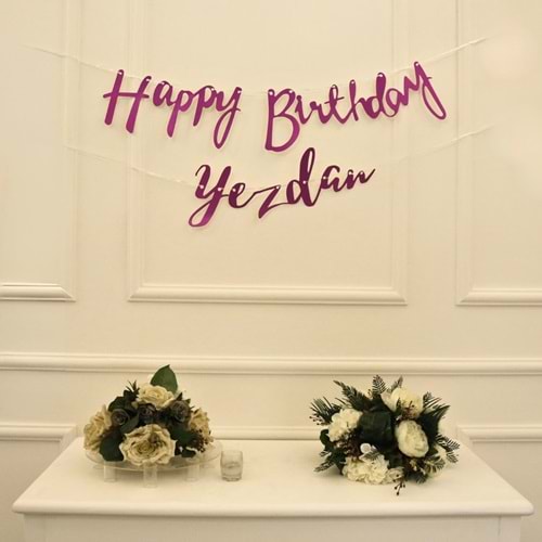 Kişiye Özel Simli Fuşya Renkli Happy Birthday El Yazısı Banner