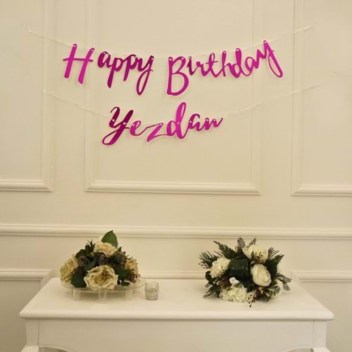 Kişiye Özel Simli Pembe Renkli Happy Birthday El Yazısı Banner