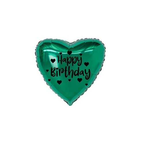 18 inç Yeşil Renk Kalp Figürlü Happy Birthday Temalı Kalp Folyo Balon