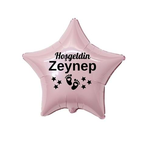 18 inç Pembe Renk Yeni Doğan Kişiye Özel Hoşgeldin Bebek Yazılı Ayak Figürlü Yıldız Folyo Balon