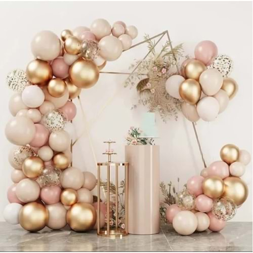 Balon Seti Pink Blush-Deniz Kumu-Krom Gold-Şeffaf 60 Lı Balon Zinciri Seti +10GrGoldPul