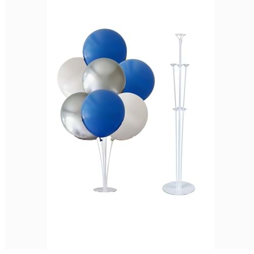 10 lu Mavi-Krom Gümüş-Beyaz Balonlu Stand Set + 1 Adet Balon Standı