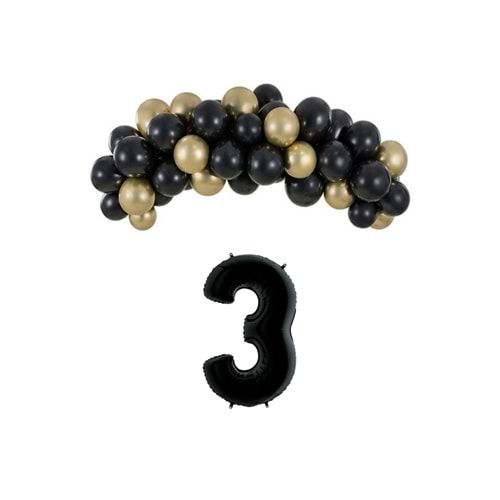 Mini Zincir Balon Seti Siyah-Krom gold+3 34inç Siyah Folyo 30 Adet +Balon Şeridi