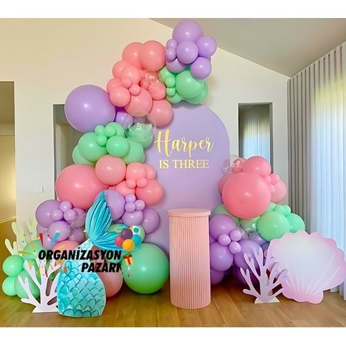 Balon Seti Makaron Yeşil-Makaron Pembe-Makaron Lila 60 Lı Balon Zinciri Seti